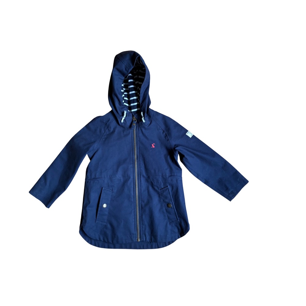 Joules Right as Rain Navy Blue Hooded Jacket Striped Lining Kids Size 4y 104cm